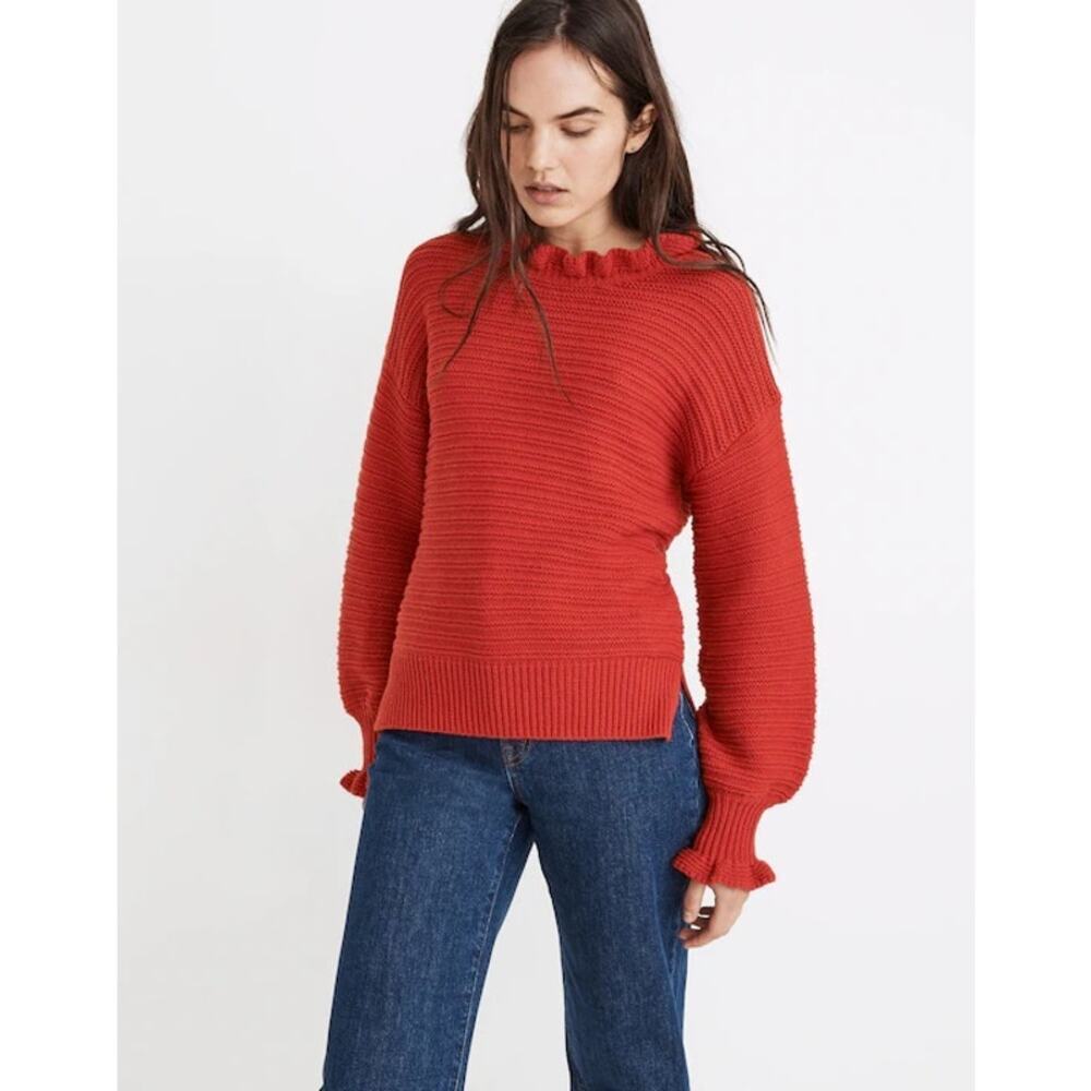 MADEWELL Ruffle-Neck Pullover Sweater in Cotton-Merino Yarn Kilt Red Small